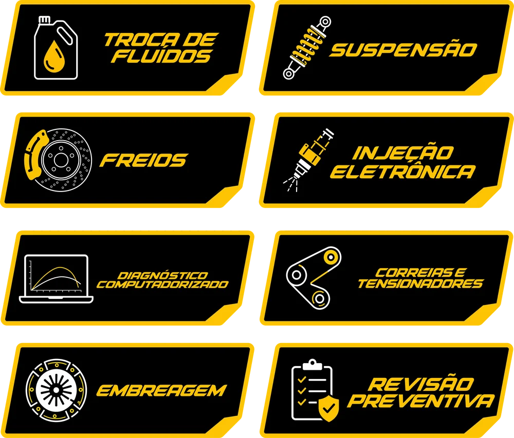 Serviços: troca de fluidos, suspensão, freios, injeção eletrônica, diagnóstico computadorizado, correias e tensionadores, embreagem e revisão preventiva
